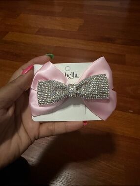 Abella Light Pink Satin Bow Clip with Rhinestone Bow Center